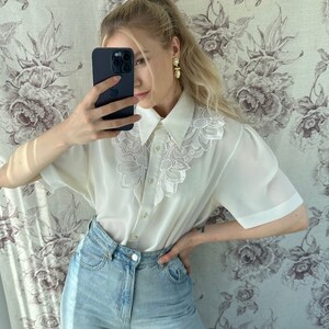 Vintage cream white lace blouse, feminine light shirt with short sleeves