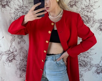 Vintage red wool blazer, elegant long jacket with unique golden buttons