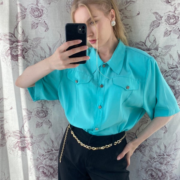 Vintage turquoise oversized blouse with short sleeves