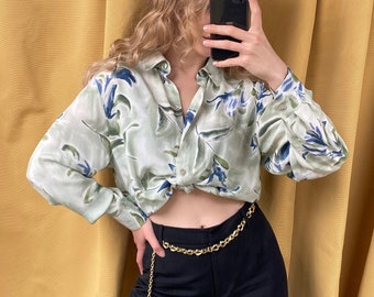 Vintage floral green blouse, oversized shirt