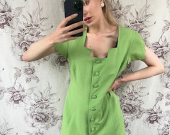 Vestido de lino verde vintage, vestido midi de corte geométrico único para mujer por encima de la rodilla con mangas cortas