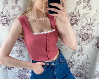 Vintage style handmade linen pink cropped top with lace trim