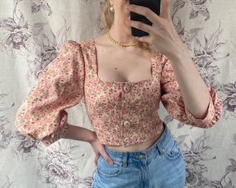 Vintage style handmade pink floral crop top with puff sleeves