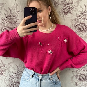 Vintage Barbie pink jumper with floral embroidery and pearl beads, women’s knitted sweater