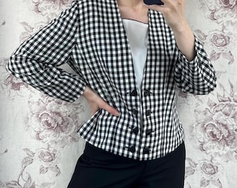 Blazer vintage de cuadros vichy en blanco y negro con parte superior adjunta debajo, chaqueta cruzada retro de los años 70 para mujer