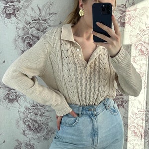 Vintage beige knit sweater in cable-knit pattern, women's long sleeve jumper