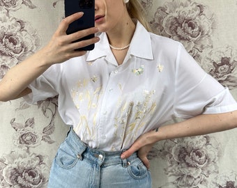 blouse vintage en viscose blanche à manches courtes, chemise d'été pour femme avec broderie florale