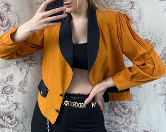 Blazer vintage de viscosa negra y naranja, elegante chaqueta de mujer de los años 70 con mangas abullonadas