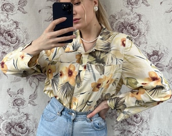 Vintage viscose gele blouse met bloemenprint, zomers damesshirt met zakken