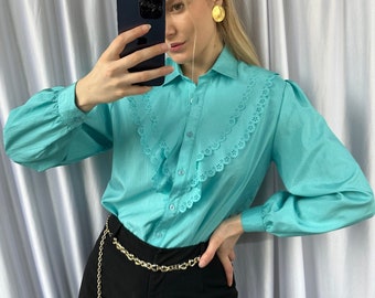 Vintage turquoise color blouse with ruffle details, elegant women&#39;s shirt