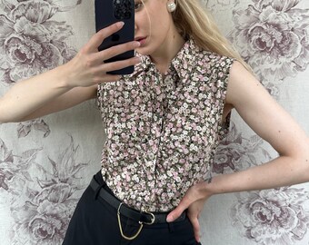 Vintage pink floral print sleeveless blouse top, feminine summer top