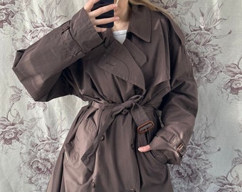 Vintage unisex oversized brown trench coat, stylish retro long belted coat