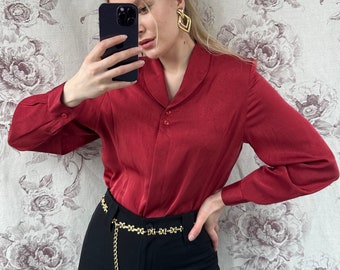 chemisier rouge en satin vintage, chemise à manches longues pour femmes élégantes