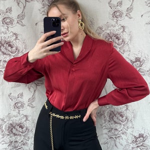 Vintage satin red blouse, elegant women’s long sleeve shirt