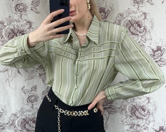 Vintage white and green houndstooth print blouse, elegant women’s long sleeve shirt