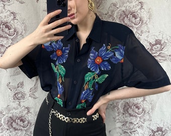Vintage blue navy see through blouse with floral print, summer oversized sheer shirt with short sleeves