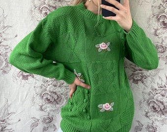 Vintage green oversized sweater with pink floral print, women’s knitted jumper