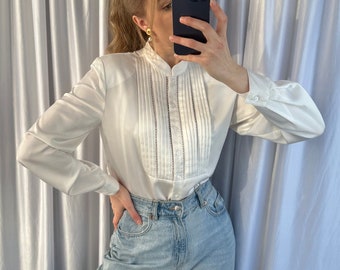 Vintage white satin blouse with mandarin collar, elegant classy blouse