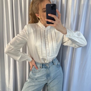 Vintage white satin blouse with mandarin collar, elegant classy blouse