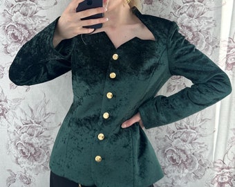 Handmade vintage style emerald green velvet blazer with bell sleeves, elegant jacket with unique and timeless neckline