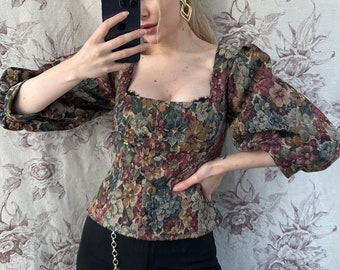 Vintage style handmade tapestry blouse top in floral print and puffed sleeves