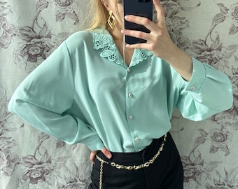 Vintage mint embroidered blouse with pearl buttons