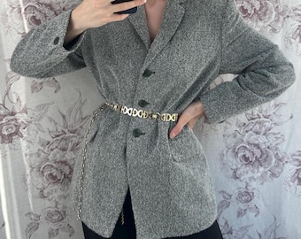 Blazer vintage texturizado blanco y verde, chaqueta retro para mujer