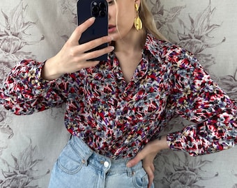 Vintage rode en paarse blouse met bloemenprint, damesshirt met lange mouwen en abstracte print