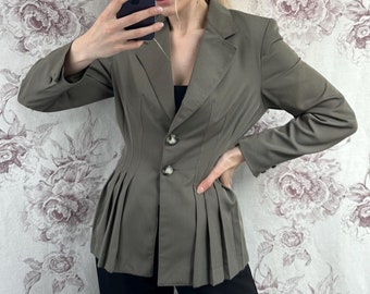 Vintage khaki green tailored blazer with plated detail, elegant waisted women's jacket