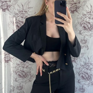 Vintage short black blazer with embroidered emblem, classy double breasted women&#39;s jacket