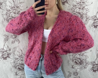 cardigan tricoté rose surdimensionné vintage, pull cardigan en laine moelleuse avec manches bouffantes