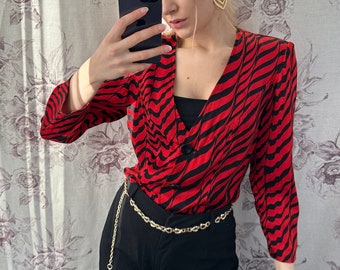 Vintage black and red satin asymmetrical blouse in stripes