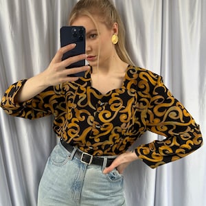 Vintage sweetheart collar black blouse with yellow ornaments, elegant women&#39; shirt