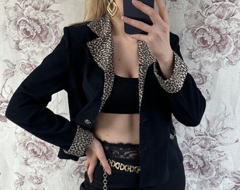 Blazer vintage nero con dettagli leopardati, giacca da donna in velluto con dettagli animalier