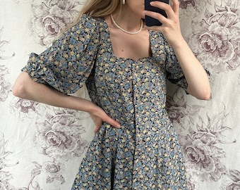 Vintage blue and yellow floral print dress, square neck viscose plus size midi dress with puffed sleeve