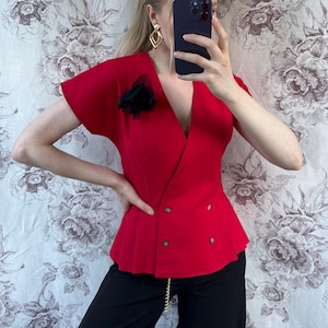 Vintage red double breasted blouse, elegant tailored women’s shirt with floral black brooch