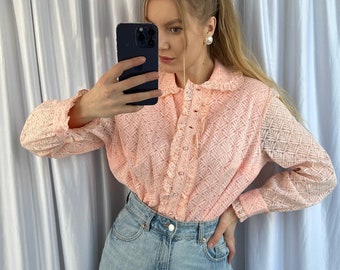 Vintage pink salmon color blouse, ruffle shirt with puritan collar