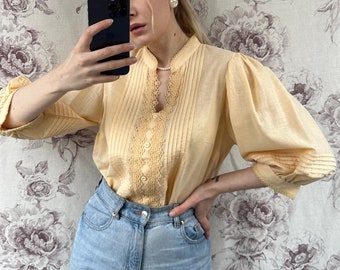 Vintage cotton yellow blouse, summer women’s shirt with puffed sleeves and lace trim