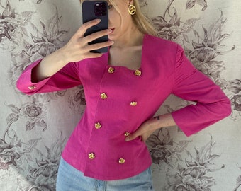 Giacca vintage Barbie rosa blazer collo quadrato, giacca di classe femminile con bottoni dorati