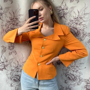 Vintage orange 70s blazer, classy unique jacket with golden buttons