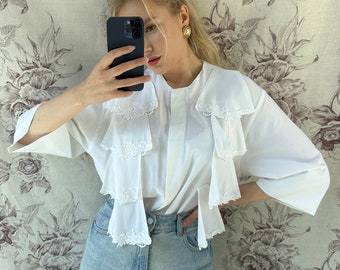 Vintage white long blouse with ruffle detail and lace trim, unique romantic shirt with 3/4 sleeve