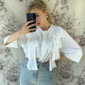 Vintage white long blouse with ruffle detail and lace trim, unique romantic shirt with 3/4 sleeve