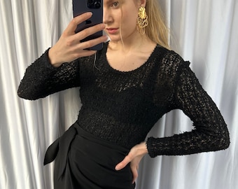 Vintage black sheer textured top, women's see through top