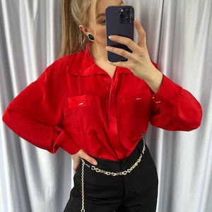 Vintage red blouse with satin details, elegant shirt with unique buttons