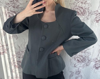 Vintage antracietkleurige getextureerde blazer, elegant en stijlvol damesjack