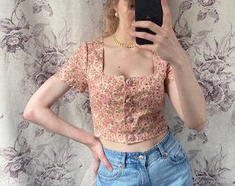 Vintage style handmade pink floral crop top
