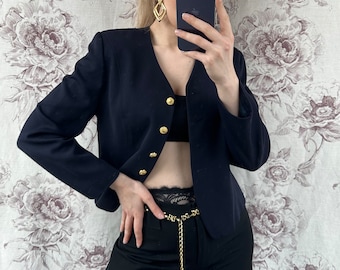 blazer bleu marine vintage, élégante veste des années 90 avec boutons dorés