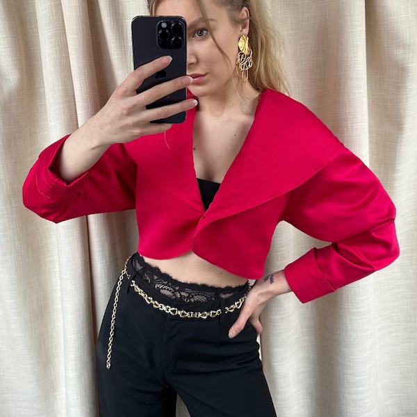 Veste Bolero vintage en satin rose vif, blazer court élégant pour femmes