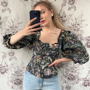 Vintage style handmade tapestry blouse top in floral print and puffed sleeves