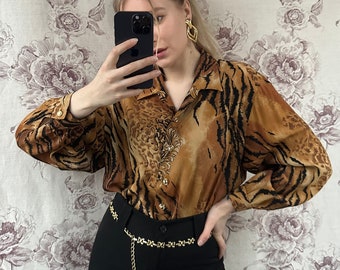 Blusa vintage animal print marrón, camisa de mujer de viscosa de manga larga con estampado de tigre y leopardo